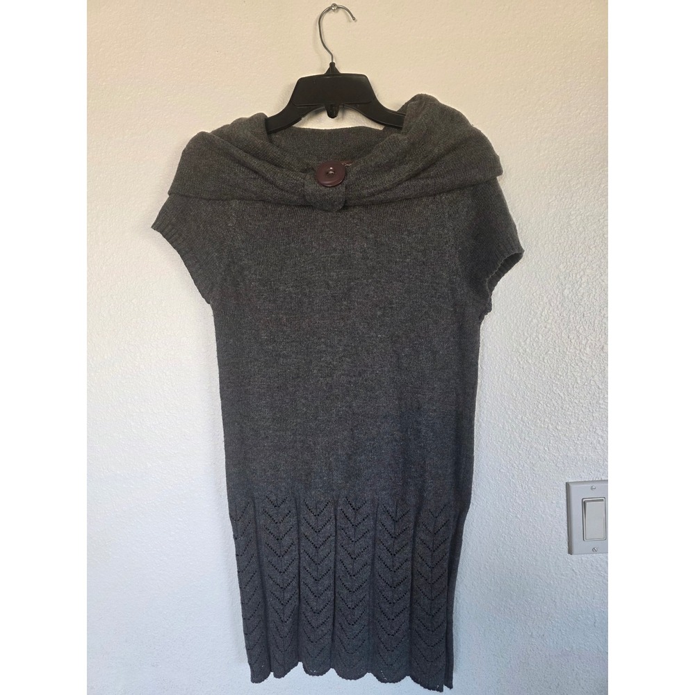 Rayee Charcoal Gray Knit Tunic Sweater‎ Bow Collar Pointelle Hem Short Sleeve